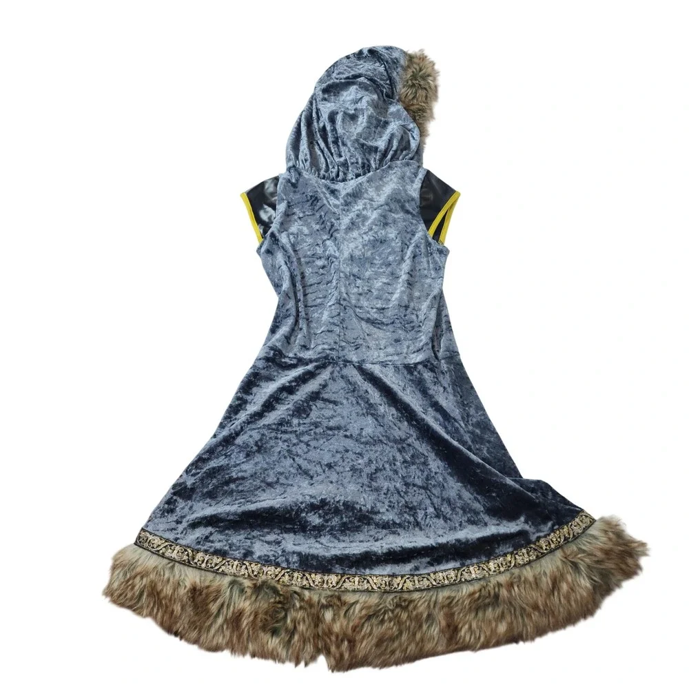 Kids Blue Crushed Velvet Medieval Fantasy Costume Dress  Fur Hood Large 12-14